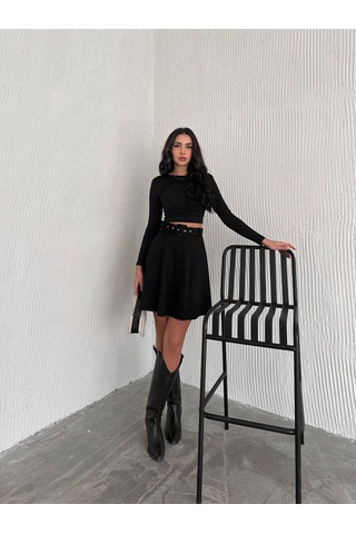 Ozy Fashion Kadın Siyah Renk Midi Boy Kemerli Süet Kloş Etek Siyah
