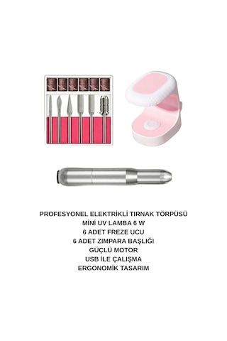 Mini Uv Led Lamba Ve Metal Gövdeli Manikür Pedikür Törpü Freze Seti