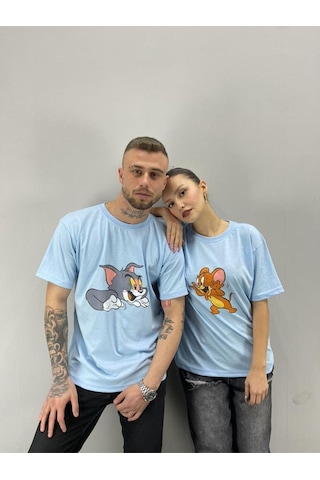 Flood Of Style Unisex Tshirt Bebe Mavi Tom Ve Jerry Baskılı Sevgili Çift Kombini 2 'li Set Bej