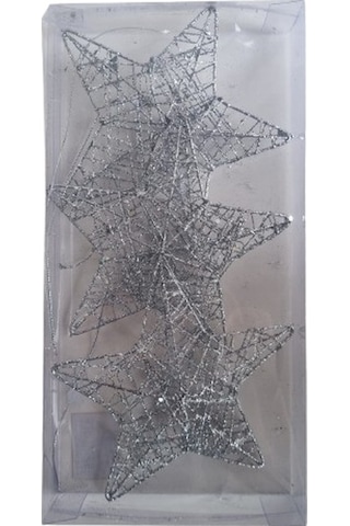 3 Adet Yılbaşı Ağacı Tel Yıldız Süs 15 Cm - Gümüş Renkli 3 Boyutlu Lüks Büyük Boy Dekorasyon Seti Özel Pvc Kutulu