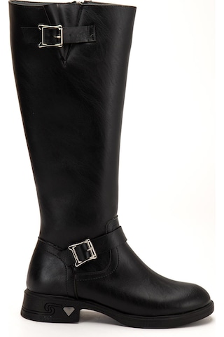 Siyah Kadın Çizme Düz Topuklu Bilek Kemerli-4284 Siyah