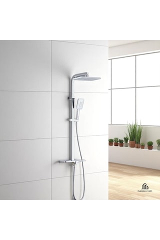 İsaoğlu Yapı Banyo Duş Sistemi Tepe Yağmurlamalı Kare Borulu Kare Tasarım Premium Duş Başlığı Gri