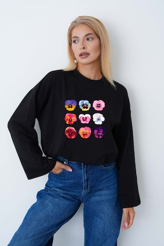 Herkesemoda Çiçek Baskılı Tesettüre Uygun Uzun Kollu Body Siyah
