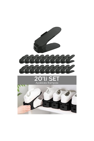 20'li Tekli Ayarlanabilir Ayakkabı Rampası - Dolap İçi Ayakkabı Düzenleyici Organizer Siyah