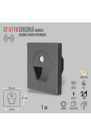 Cata Ct-5170 Siyah Kasa Sensörlü Kordidor Fotoselli Armatür 1W Gün Işığı N11.4164 Siyah