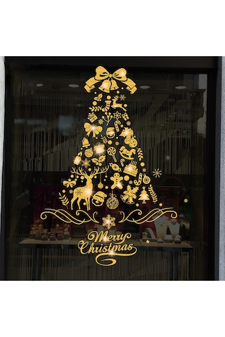 Ruicoo Noel Ağacı Desenli Parlak Elektrostatik Cam Sticker 30x37 Cm - Glitterli, Yapıştırıcısız, Noel Dekorasyonu Altın