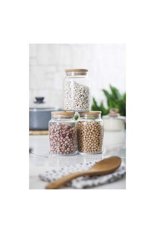 3 Lü Set Bambu Kapaklı Cam Kavanoz & Erzak Saklama Kabı 800 Ml Orta Boy Vakum Kapak Düz Renkli