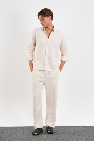 Flare Kışlık Baggy Pantolon Oversize Gömlek Alt Üst Takım %100 Pamuk Bej