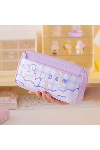 Tuomeng Yeni Menekşe-tavşan Sevimli Büyük Kapasiteli Kırtasiye Çantası Öğrenci Iyi Görünümlü Kalem Kutusu Karikatür Çok Fonksiyonlu Kalem Çantası