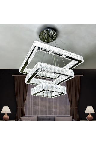 Kare 3 Kat Kristal Taşlı Modern Led Avize Salon & Oturma Odası Renkli