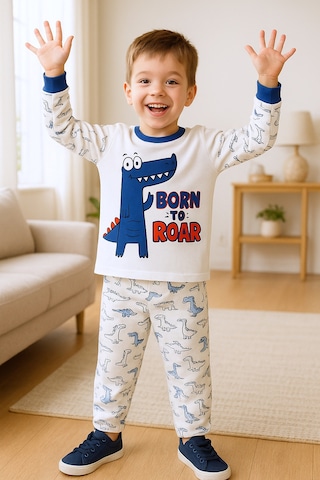Hçm Erkek Çocuk Pijama Takımı Dinozor Baskılı Bisiklet Yaka C65 Mavı