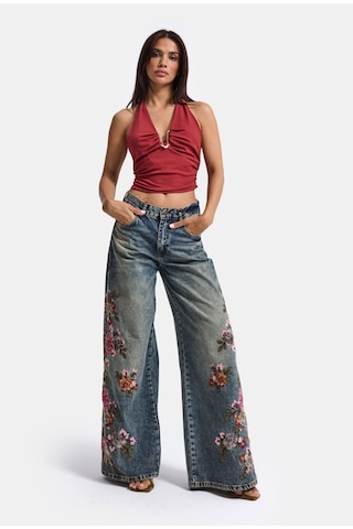 it's basic Kadın Tint 4w6-8 Palazzo Fit Özel Çiçek Nakış Tasarım Denim Jean Kırmızı