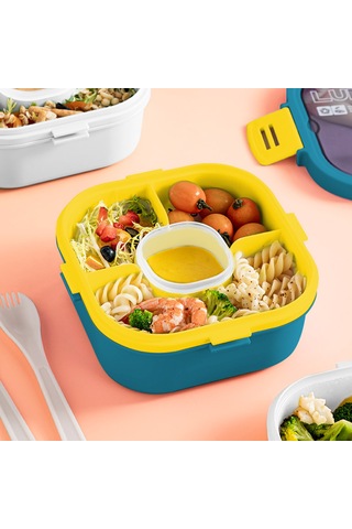 Qingmipy 4 Bölmeli Çift Katmanlı Salata Saklama Kabı, Soslu Seyahat Ve Okul İçin Pratik Yemek Taşıma Çözümü Mavi