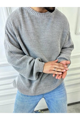 Kazak Oversize Çift Kat Örme Naturel Pamuk Bol Kesim Tüylenmeyen Salaş Triko Kazak Gri
