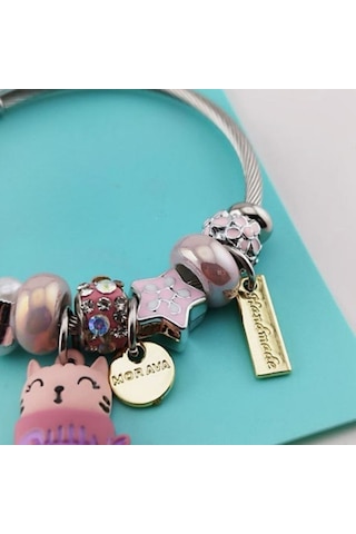 Pembe Charm Detaylı Kadın Bileklik Sevimli Figürlü Çelik Charm Bileklik Gümüş