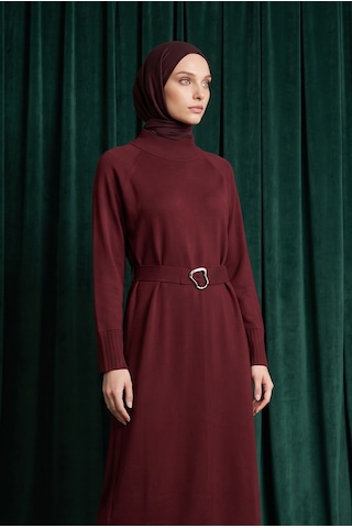 Armine Trend Kemer Detaylı Balıkçı Yaka Uzun Kollu Ribanalı Triko Elbise Bordo 26ktd911