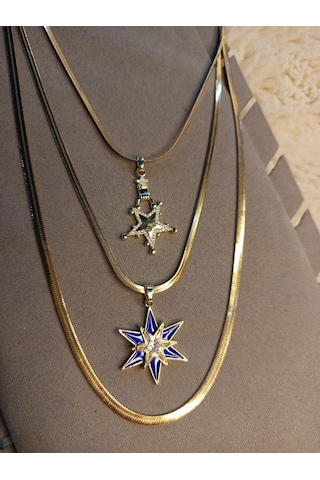 Beren Aksesuar Stainless Steel İtalyan Zincir 3'lü Set Kutup Yıldızı Çelik Kolye Gold