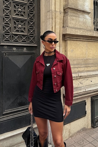 Bordo Çift Cep Denim Crop Ceket Bcdf-255419 Çok Renkli