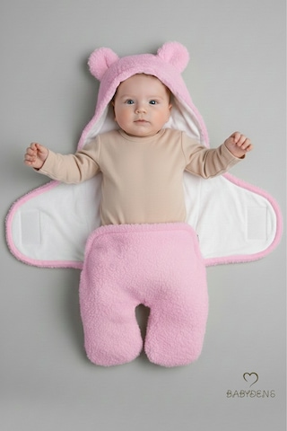 Babyden's 0-12 Ay Welsoft Peluş Bebek Dış Kundak Uyku Tulumu Ayıcık Kulaklı İçi %100 Pamuk Astarlı Battaniye Pembe