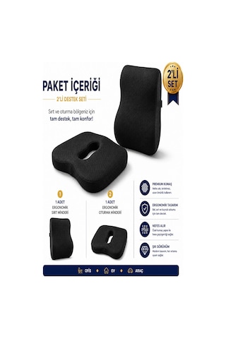 2 Li Ortopedik Visco Minder Seti Ergonomik Bel, Sırt Ve Kuyruk Sokumu Desteği Siyah