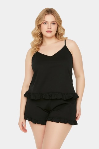 Unika Boutique Askılı Fırfır Detaylı Büyük Beden Pijama Takımı Siyah