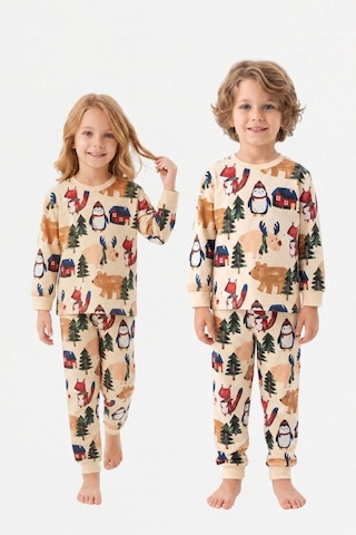 Bunny Hopp Kız Ve Erkek Çocuk Uzun Kollu Pijama Takımı %100 Pamuk Bej Kış Ormanı Ve Yılbaşı Desenli Penye