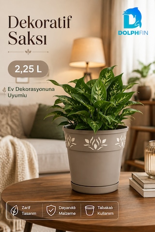 2,25 L Dekoratif Alt Tabaklı Plastik Saksı Çiçek Motifli Karışık Renk