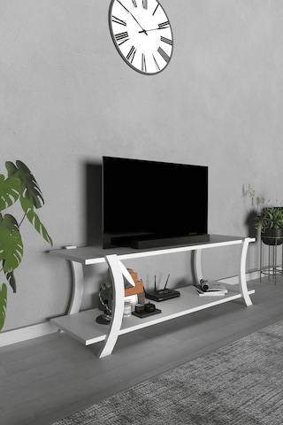 Lavellan Liva Modern Tv Sehpası Çift Katlı Fonksiyonel Televizyon Ünitesi Beyaz
