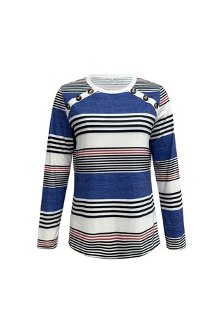 Nnstartshopping Kadın Uzun Kollu Bisiklet Yaka Düğme Detaylı Desenli Süprem Bluz Mavi