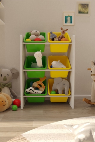 6 Sepetli Yeşil Ve Sarı Oyuncak Dolabı, Çok Amaçlı Dolap, Montessori Dolap Sarı-yeşil