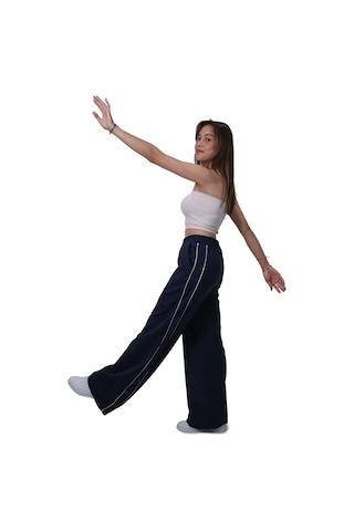 Kadın Modal Kumaş Kontrast Detaylı Lacivert Düz Kesim Pantolon Lacivert