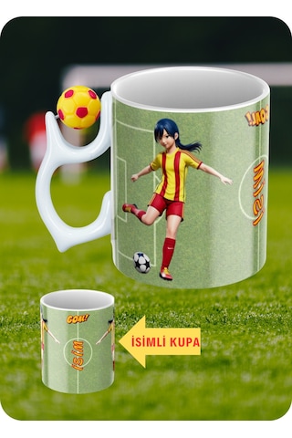 Sarı Kırmızı Futbol Toplu Sarı Kırmızı Forma Kadın Futbolcu Taraftar İsimli Baskılı Kupa Bardak Beyaz