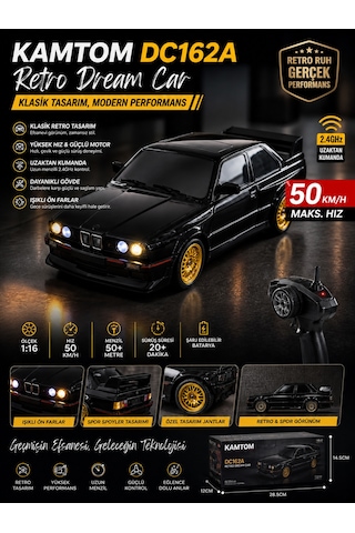 Kamtom Dc162a Retro Dream Car 1:16 4x4 Drift Uzaktan Kumandalı Araba 50 Km/h Hız Işıklı Şarjlı E30 - Siyah