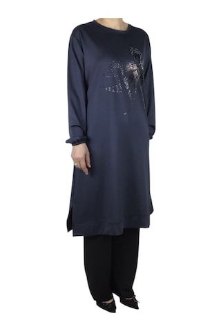 Kadın Önü Desenli Kristal İki İplik Büyük Beden Tunik Gri