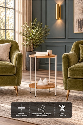 Arpelia Yuvarlak Tablalı Iki Katlı Sehpa Q42x60 Cm (Beyaz Atlantik Çam)