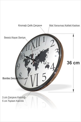 Parlak Metalik Kromajlı Çerçeve Bombe Camlı 36 Cm Duvar Saati Metal - Beyaz