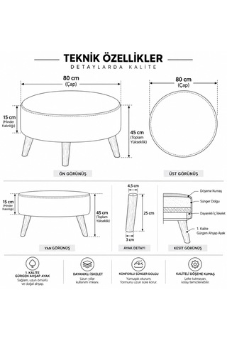 Leke Tutmaz Kumaş Döşemeli Yuvarlak Orta Sehpa Kahves Ehpası Çap 80 Cm Vizon