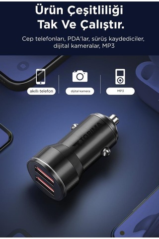 Torima C01 Siyah 2 Usb Port Girişli Transmitter Araç Şarj Cihazı