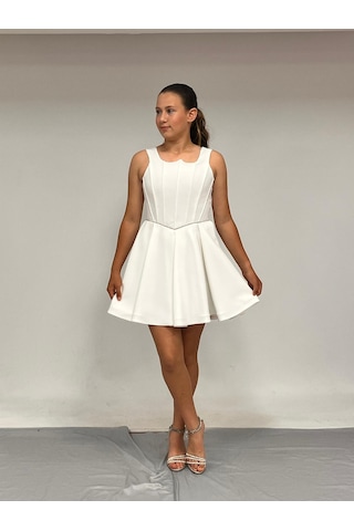 Kız Çocuk Abiye Krem Krep Kısa Bel İnce Şerit Taş Detaylı Taş Kısa Abiye Elbise 10-15 Yaş Krem