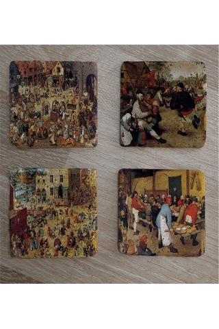 Pieter Brueghel Çocuk Oyunları Ve Eserleri Doğal Taş Bardak Altlığı 4'lü Set - Natural Stone Coasters - Taş Çok Renkli
