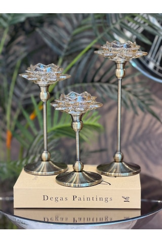 Chacha Home 3'lü Metal Ayaklı Lotus Kristal Cam Şamdan Mumluk Seti 29 Cm - 24 Cm - 19 Cm - Dekoratif Nilüfer Çiçeği Mum Standı Eskitme