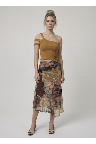 Neden Tekstil Asimetrik Tek Omuz Triko Crop Bluz - Camel