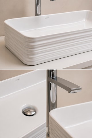 Lena E-2106 Tezgah Üstü Porselen Lavabo Dikdörtgen Beyaz Set Üstü Lavabo
