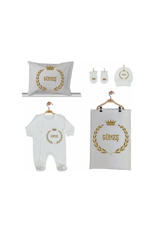 Pia Baby Gl 2007 İsme Özel Taçlı Beşli Tulum Set Krem