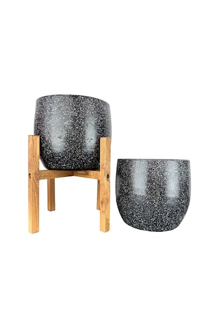 Bitki Tasarımı Ev Dekorasyon Aksesuar Siyah Granit Toprak Saksı Saksılık Salon Çiçeklik İkili Set Ayaksız - 4 Ayaklı- 19 Cm