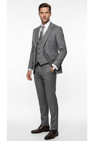 Erkek Klasik Slim Fit Takım Elbise Notch Yaka, Yaka Punto Dikişli, Tek Düğmeli, Çift Yırtmaçlı Gri