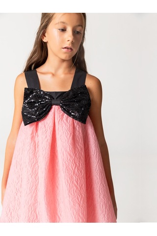 Sheshe Payet Fiyonk Detaylı Pembe Jakar Kız Çocuk Elbise Renkli
