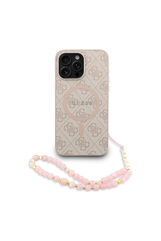 Apple Uyumlu iPhone 14 Pro Max Kılıf Guess Lisanslı M safe Bilek Askı İpli Yazı Logolu Kapak Pembe