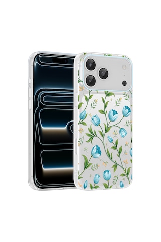 Apple iPhone Uyumlu 17 Pro Kılıf Kamera Korumalı Desenli Zore Klip Kapak - Mavi Lale -