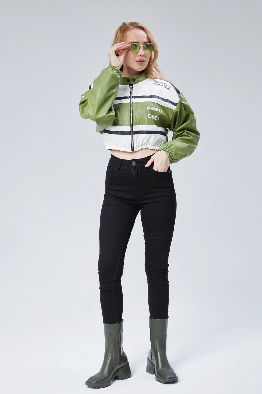 Kadın Deri Baskılı Şeritli Ceket Beli Ve Kolu Lastikli Kolej Hakim Yaka Bomber Yarışçı Motorcu Mont Yeşil